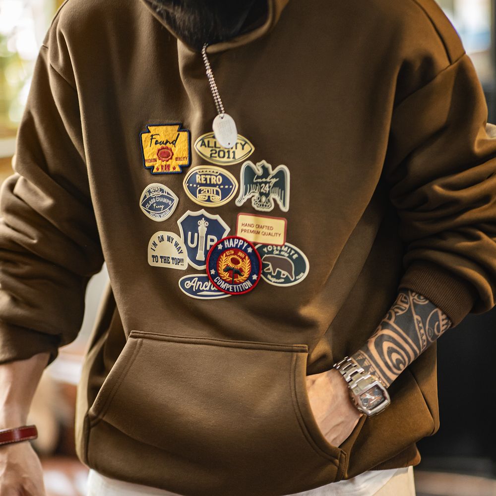 Sherpa Hoodie Fleece - 메이든 빈티지 남성 자수 배지 후드티