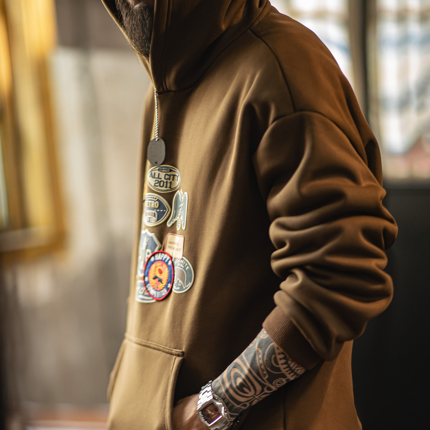 메이든 빈티지 남성 자수 배지 후드티 브라운 셰르파 플 - Sherpa Hoodie Fleece 리뷰 및 가격