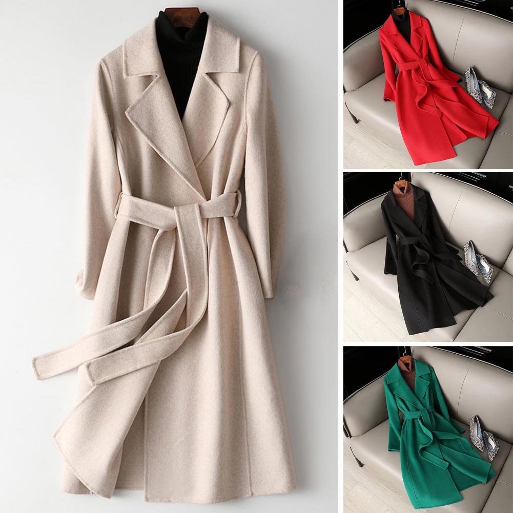여성 울 코트 여성용 롱 울 피코트 벨트 노치드 라펠  - Wool Coat Peacoat 리뷰 및 가격