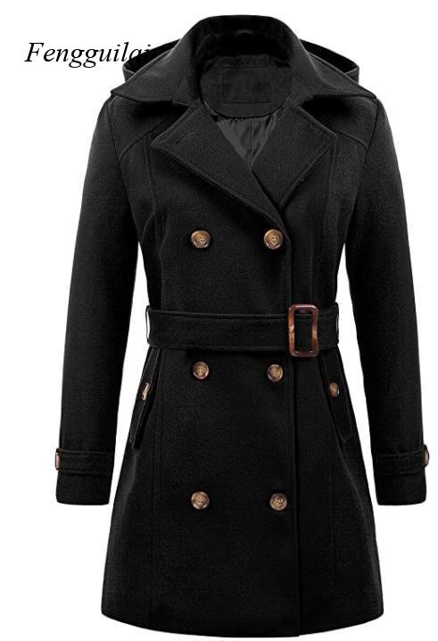 여성용 블랙 후드 더블 브레스티드 울 혼방 피코트 벨트 - Wool Coat Peacoat 리뷰 및 가격