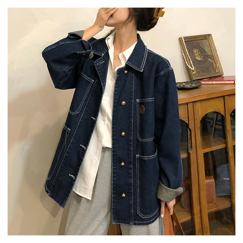 진한 파란색 데님 자켓 여성 봄 가을 옷깃 느슨한 싱글 - Down Jacket Packable 리뷰 및 가격