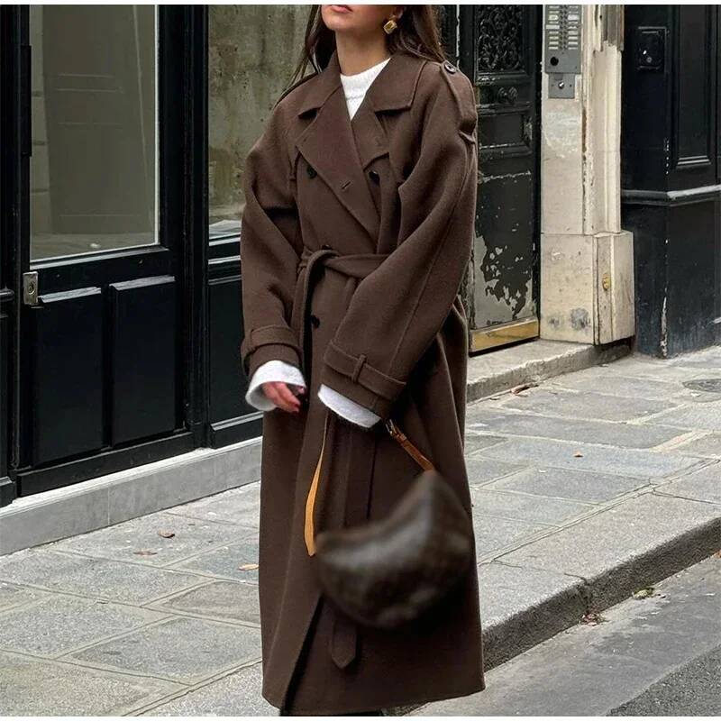 우아한 그레이 벨트 롱 페이크 울 코트 여성용 라펠 더 - Wool Coat Peacoat 리뷰 및 가격