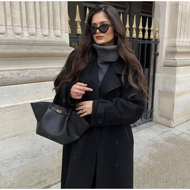 우아한 그레이 벨트 롱 페이크 울 코트 여성용 라펠 더 - Wool Coat Peacoat 리뷰 및 가격